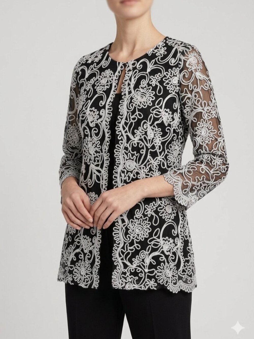 NWT Alex Evenings Black & White Soutache Embroidered Illusion Blouse - Small